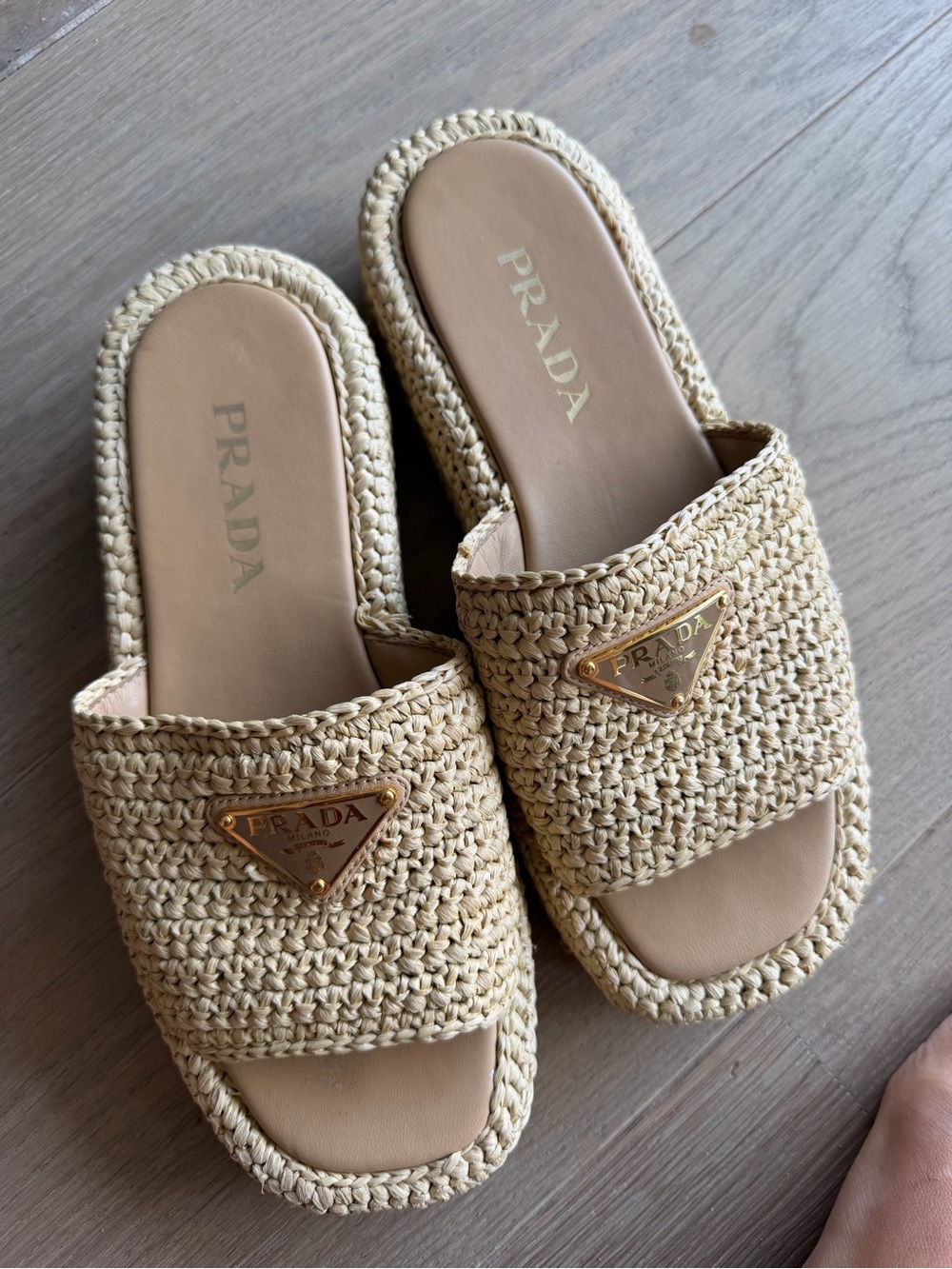 Prada Beige Woven Raffia Slide Sandals with Gold Logo Plaques